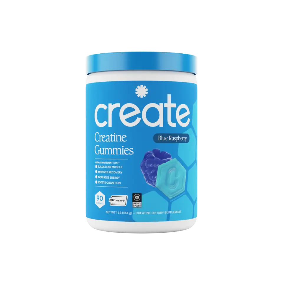 Create Blue Raspberry creatine gummies in a 90-count tub
