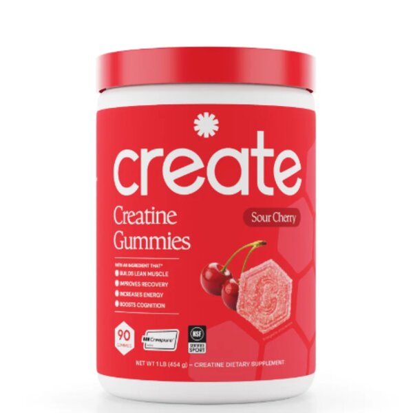Create Creatine Monohydrate Gummies, Sour Cherry flavor, 90-count tub