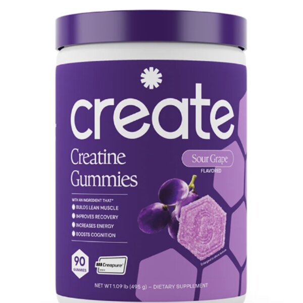 Create Creatine Monohydrate Gummies, Sour Grape flavor, 90-count tub