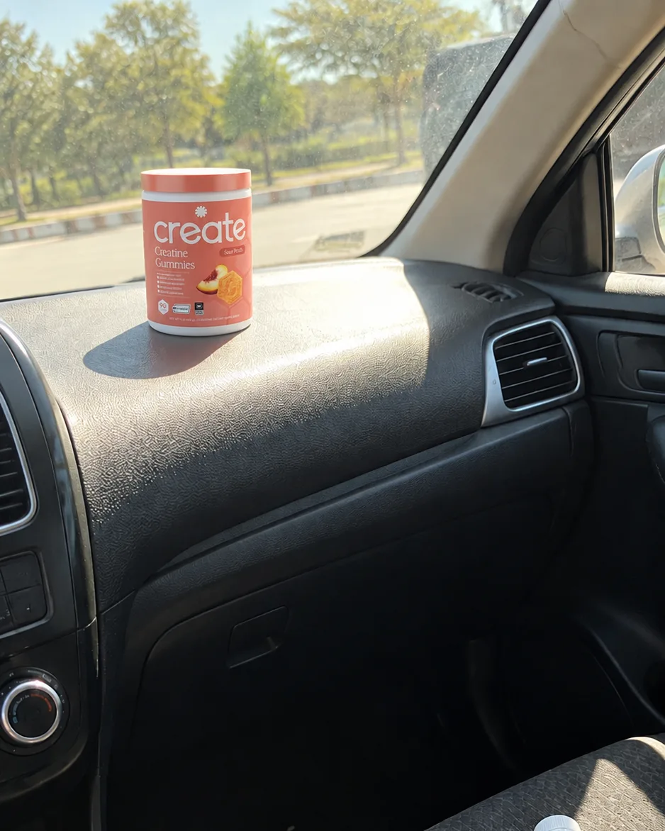 A 90-gummy tub of Create Creatine Gummies in Sour Peach on a car dashboard in sunlight