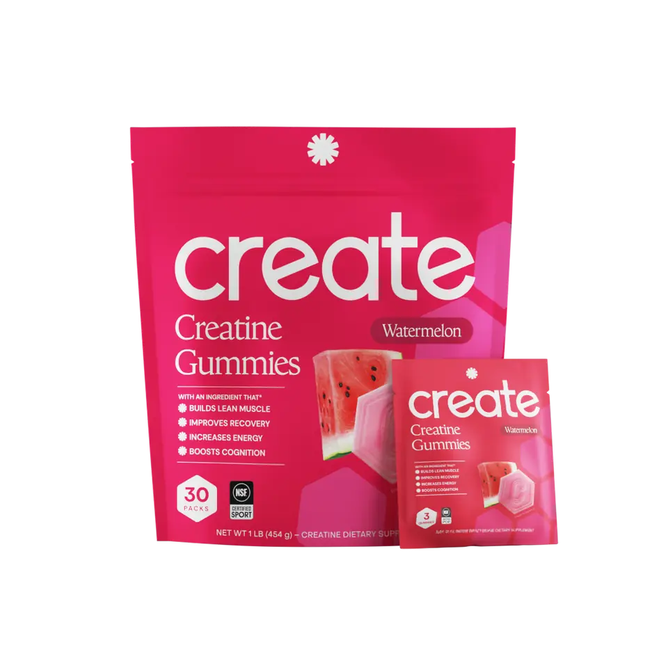 Create Watermelon creatine gummies in a 30-count single-serve pouch