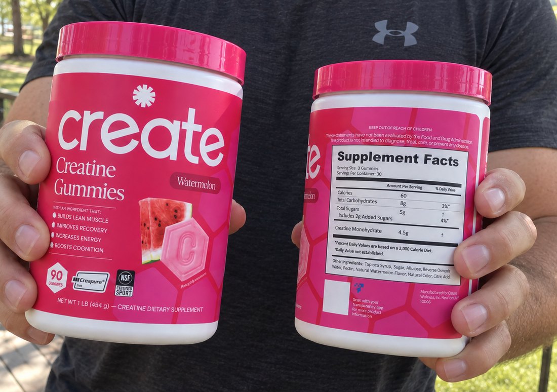 Front and back of a 90-gummy tub of Create Creatine Gummies in Watermelon, held side by side outdoors